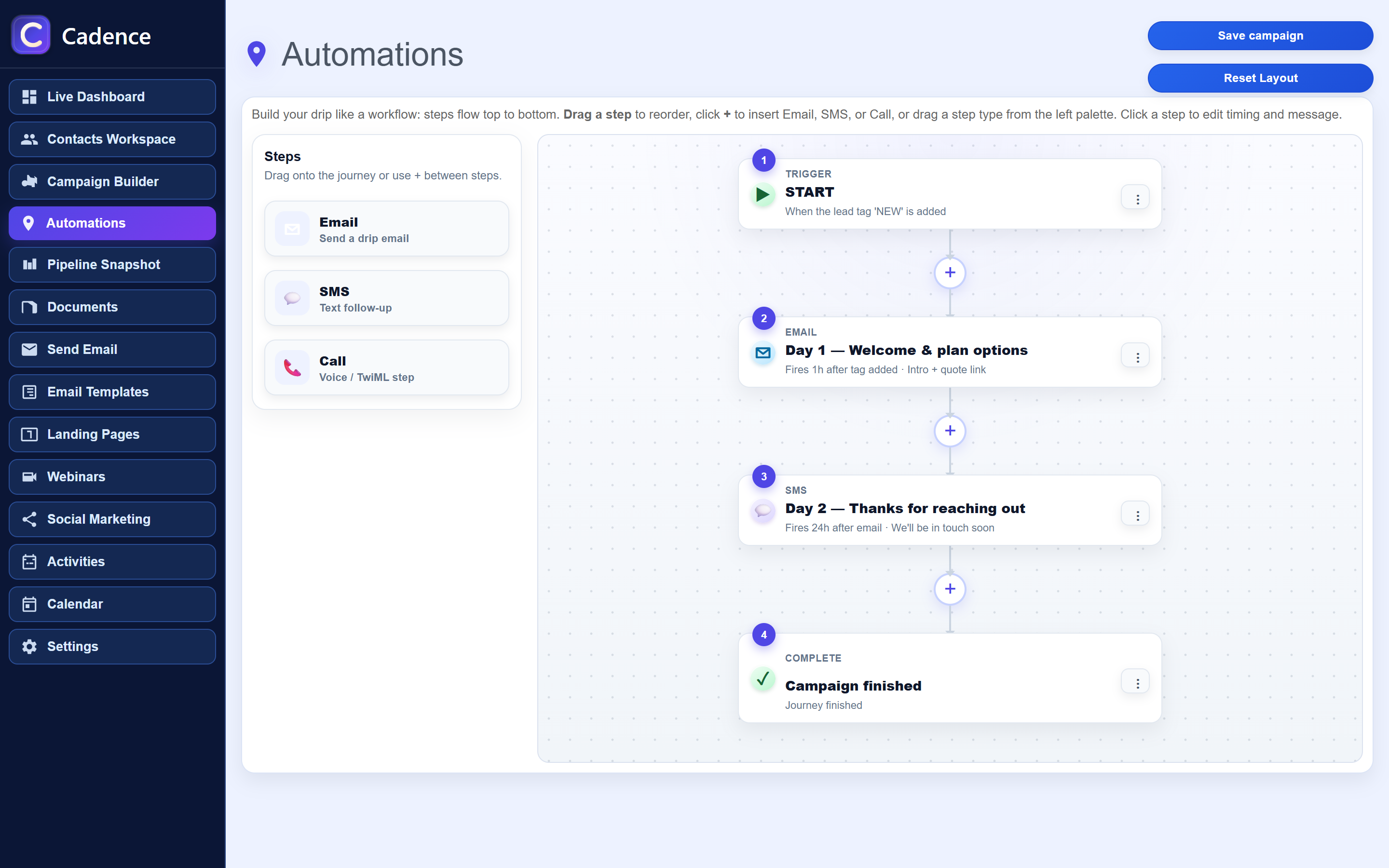 Cadence drip campaign and sales automation builder for insurance follow-up sequences